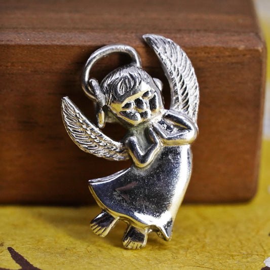 Vintage Sterling silver handmade pendant, 925 angel charm with cz