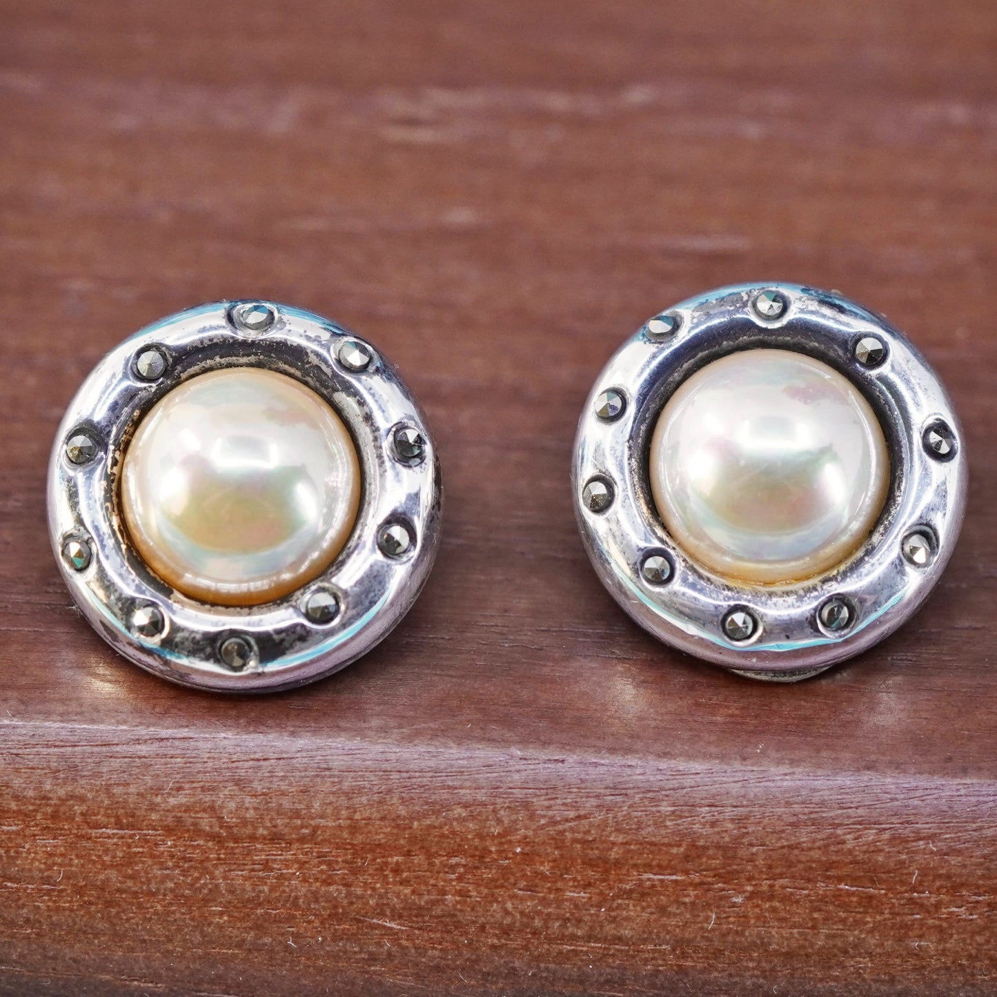 Italy Giorgio Armani Sterling silver clip on, 925 earrings with pearl marcasite
