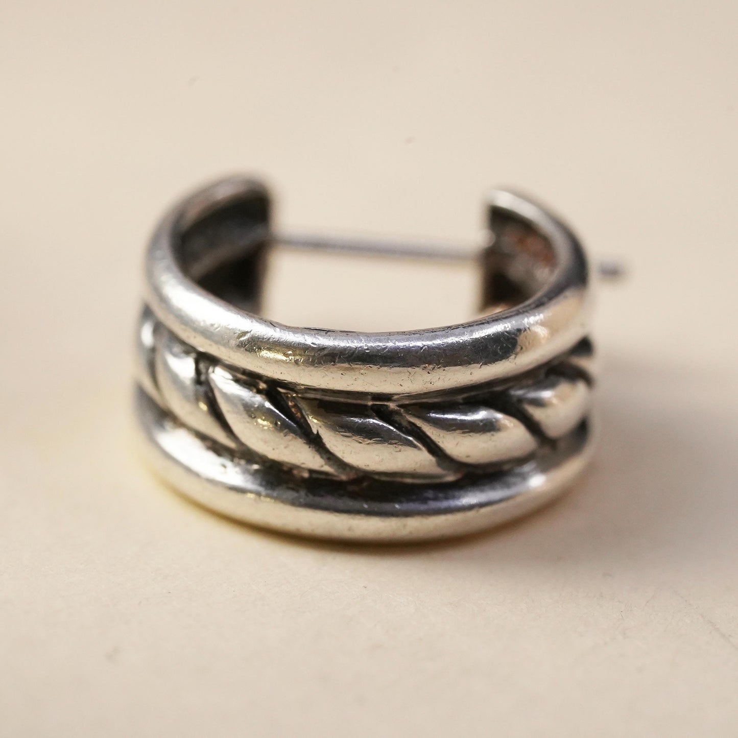 0.5”, Vintage Jezlaine sterling silver single earring, cable primitive hoop