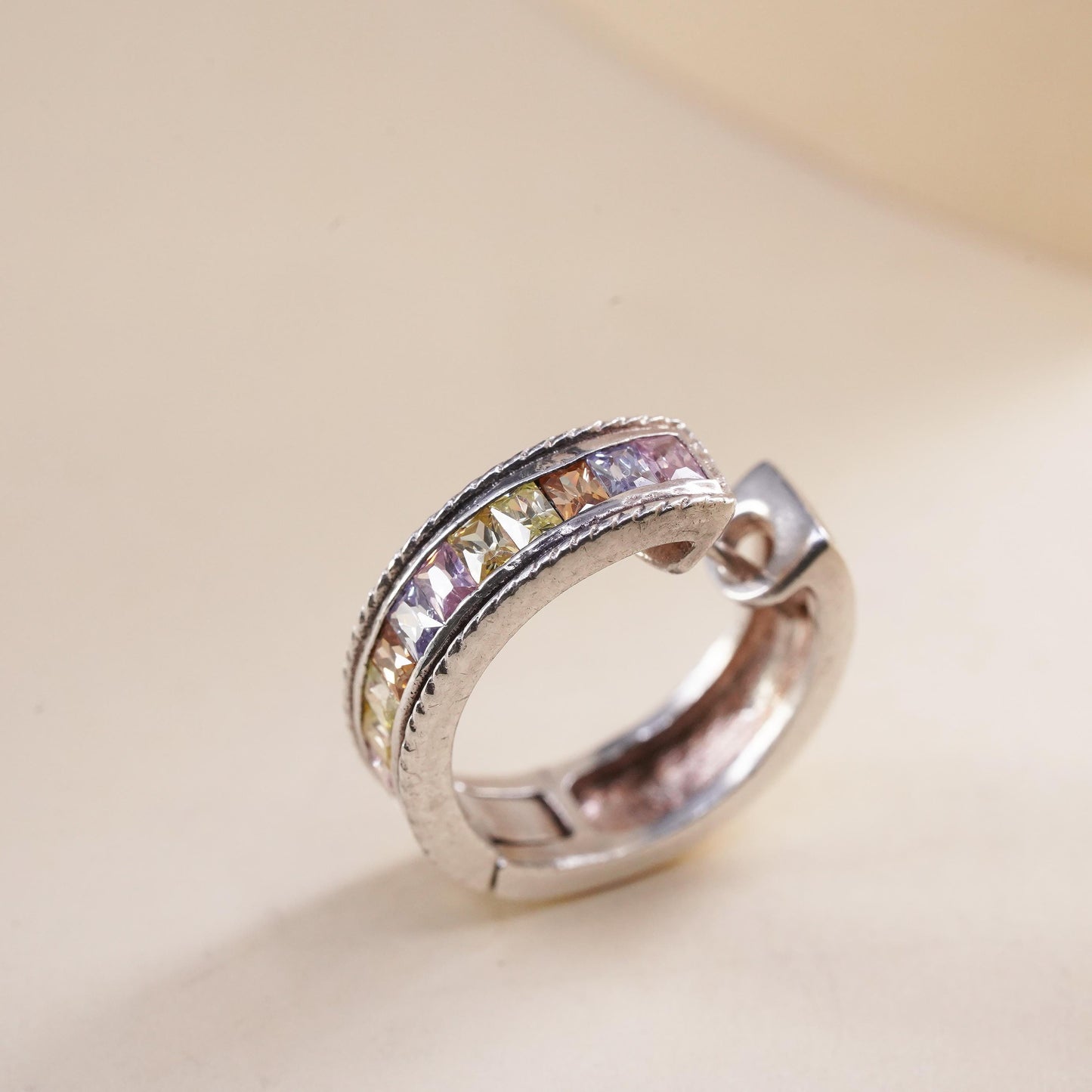 0.75”, Vintage sterling silver single earring, 925 huggie hoop with pinkish Cz