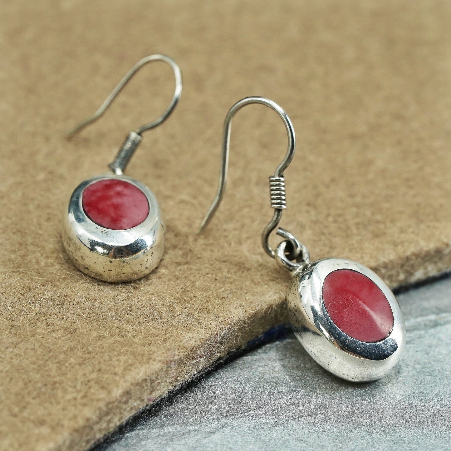Vintage Mexican Sterling 925 silver handmade earrings with oval red onyx