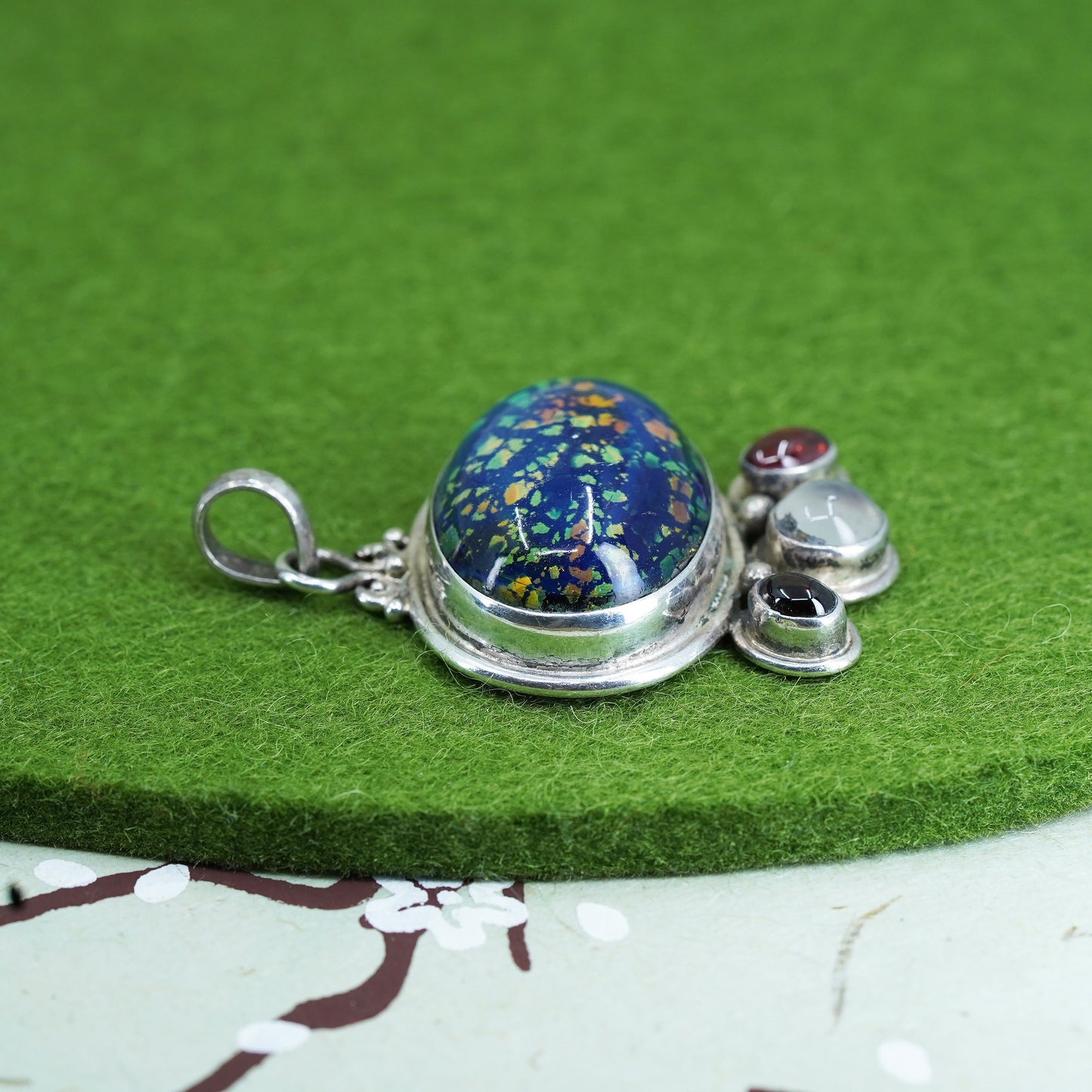 Mexico sterling silver with square dichroic foiled glass pendant garnet details