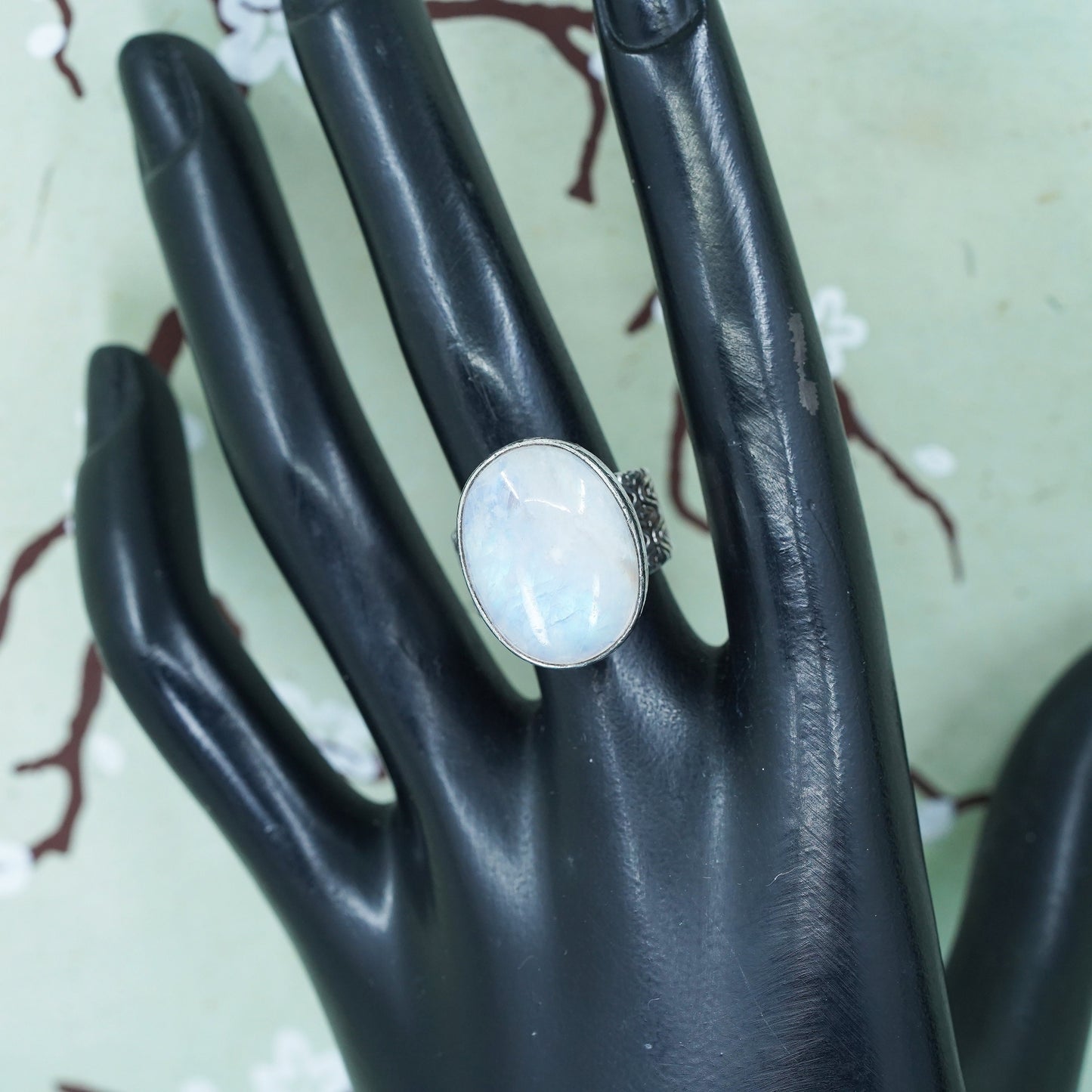 Size 6, vintage designer sterling silver ring, 925 band with oval moonstone