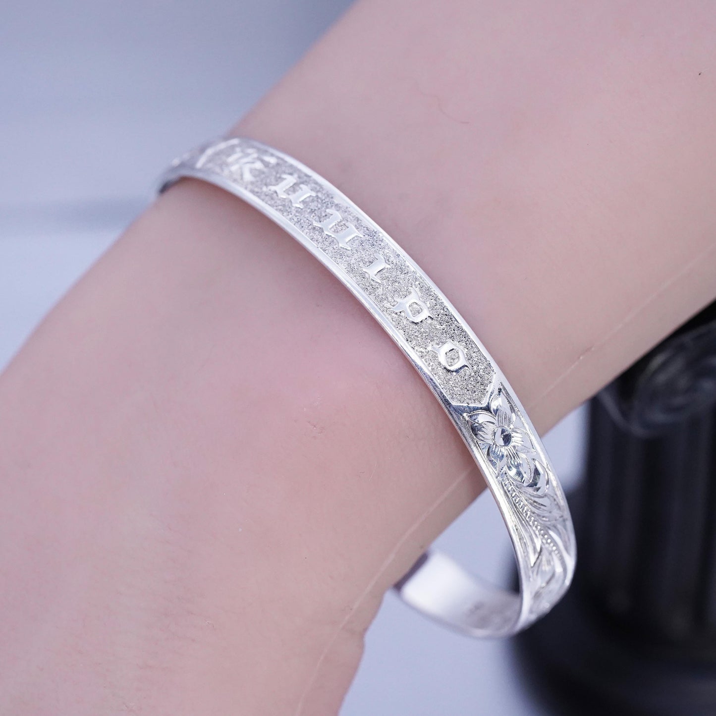 7.5”, Sterling 925 silver bracelet, textured bangle with Odinn lord of frenzy