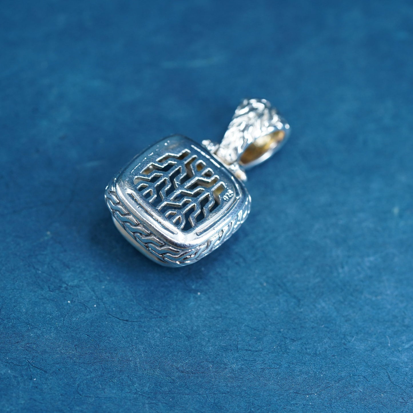 Vintage sterling 925 silver square pendant with checker cut blue topaz