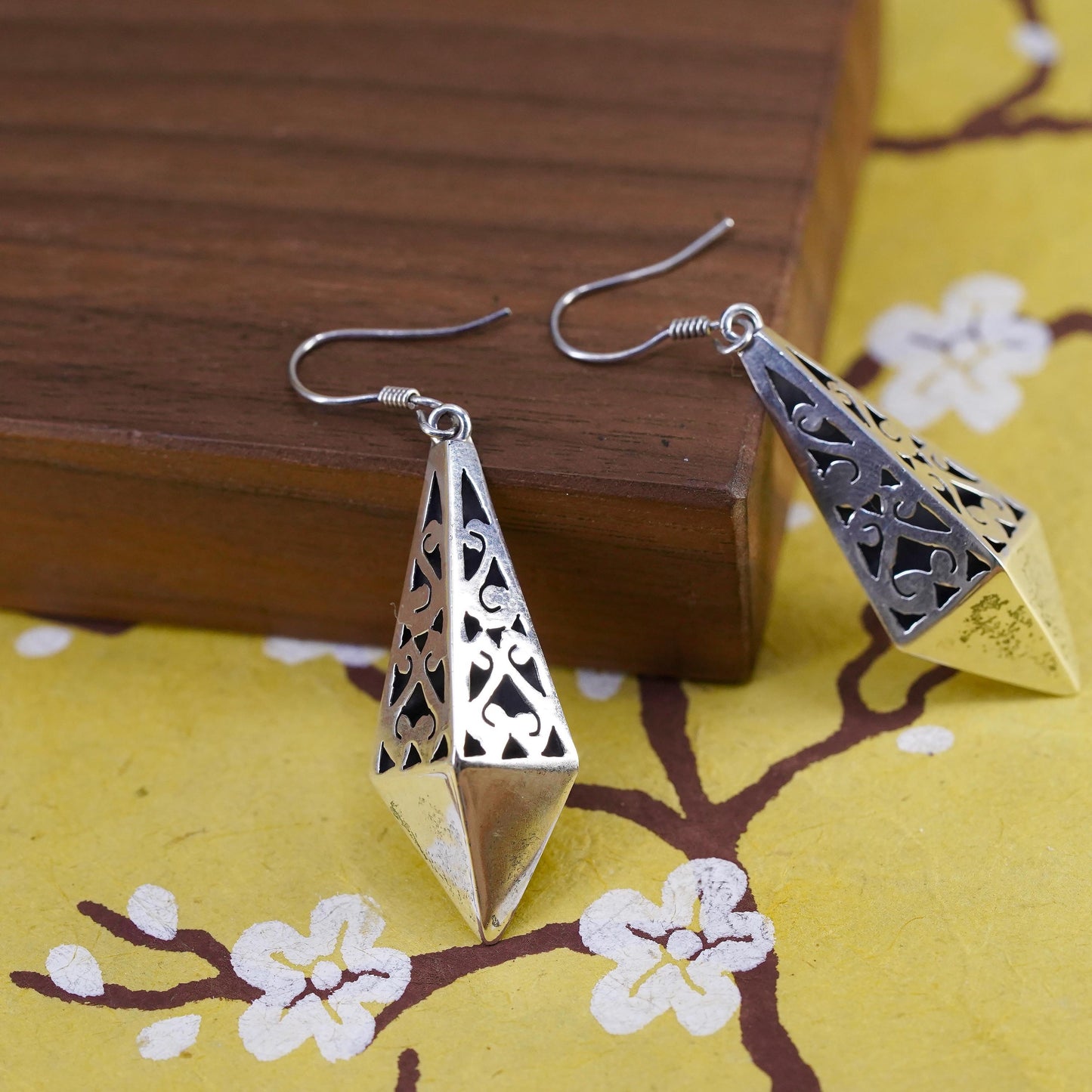 Vintage Mexican Sterling silver earrings, 925 swirly cutout diamond dangles