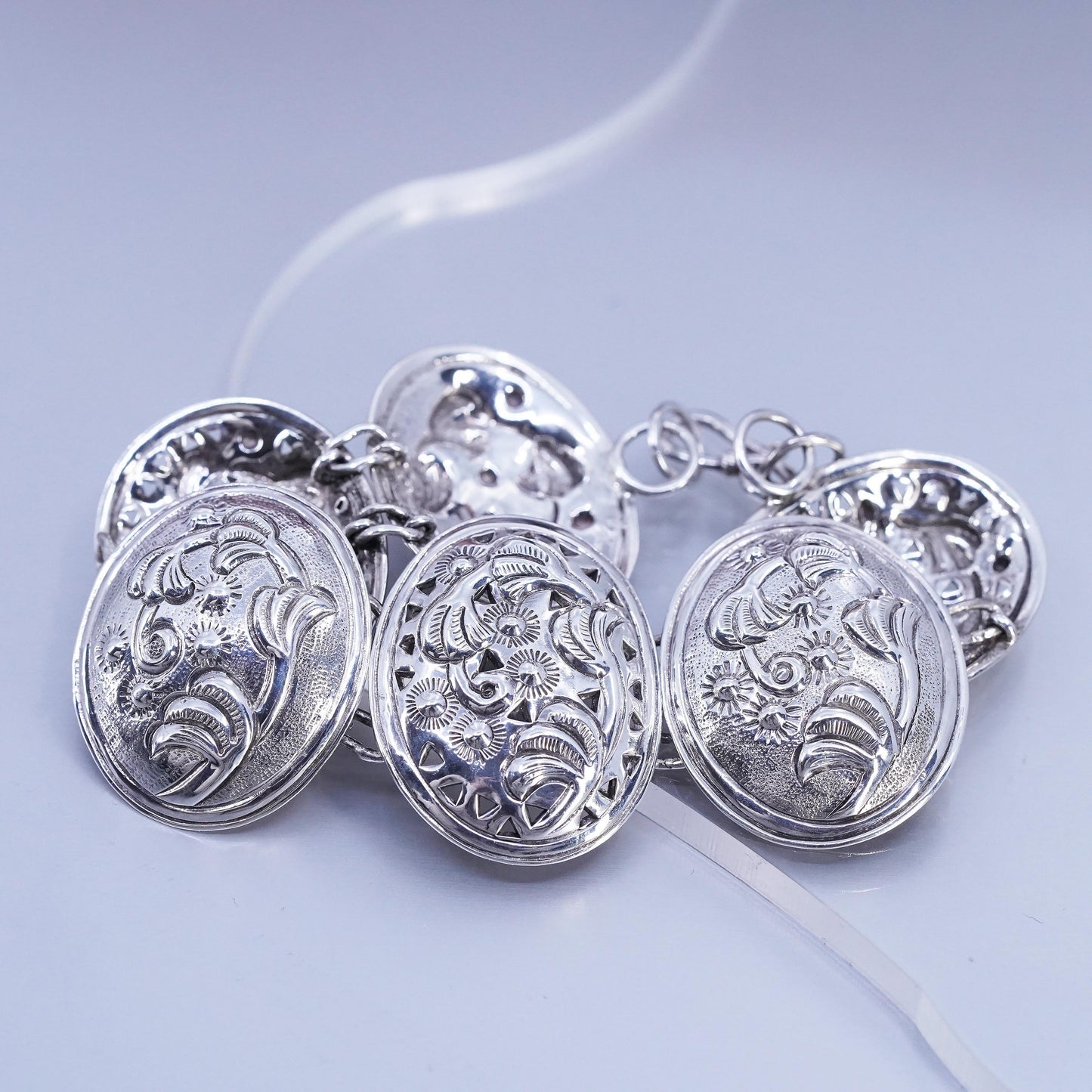 Designer DS Sterling Silver 925 Floral Oval Chain Linked 7" 6 Station Bracelet