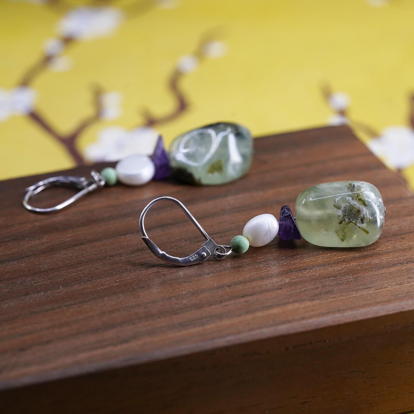 Sterling silver 925 handmade earrings with pearl prehnite amethyst nuggets