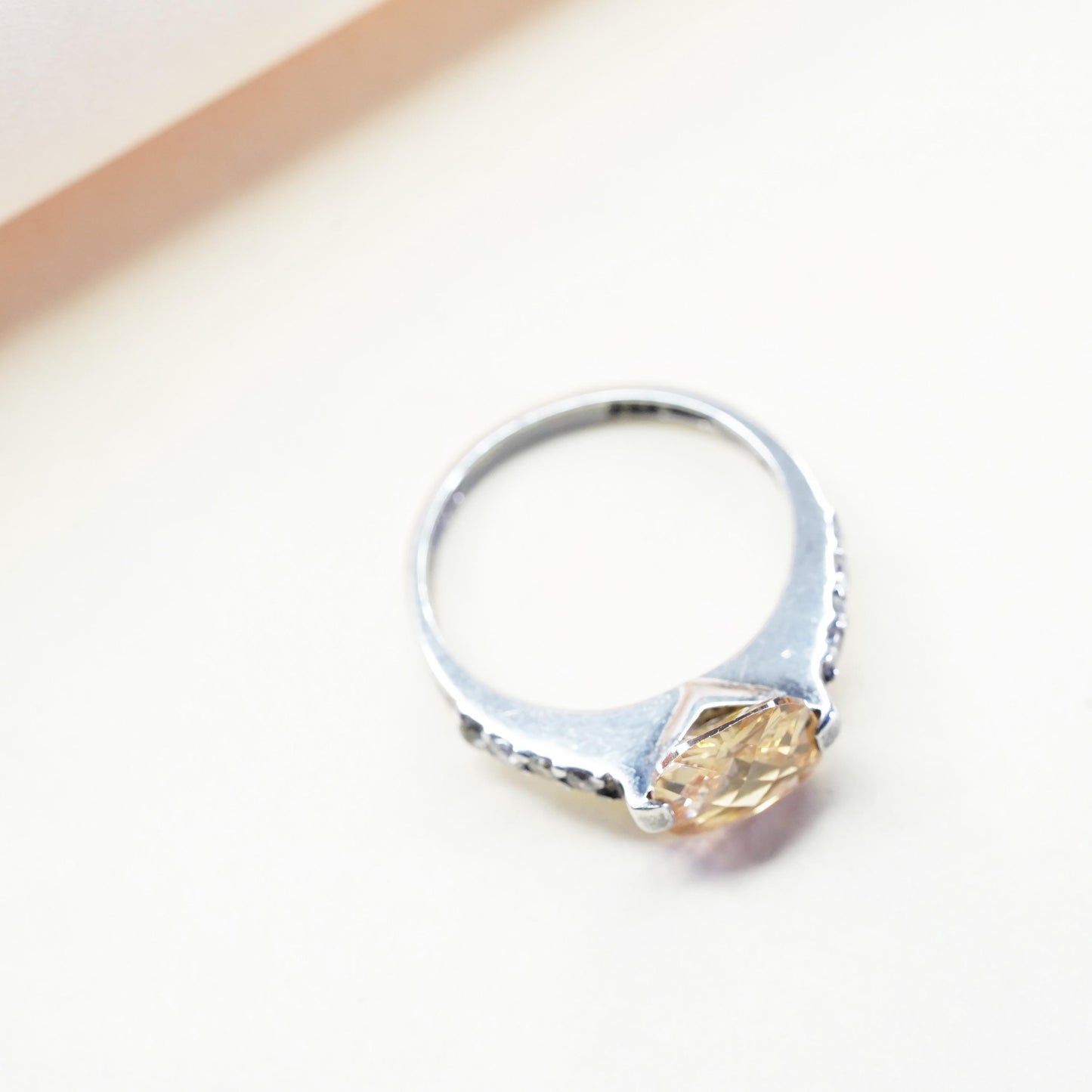 Size 8, vintage Sterling 925 silver handmade ring w/ square citrine cluster cz