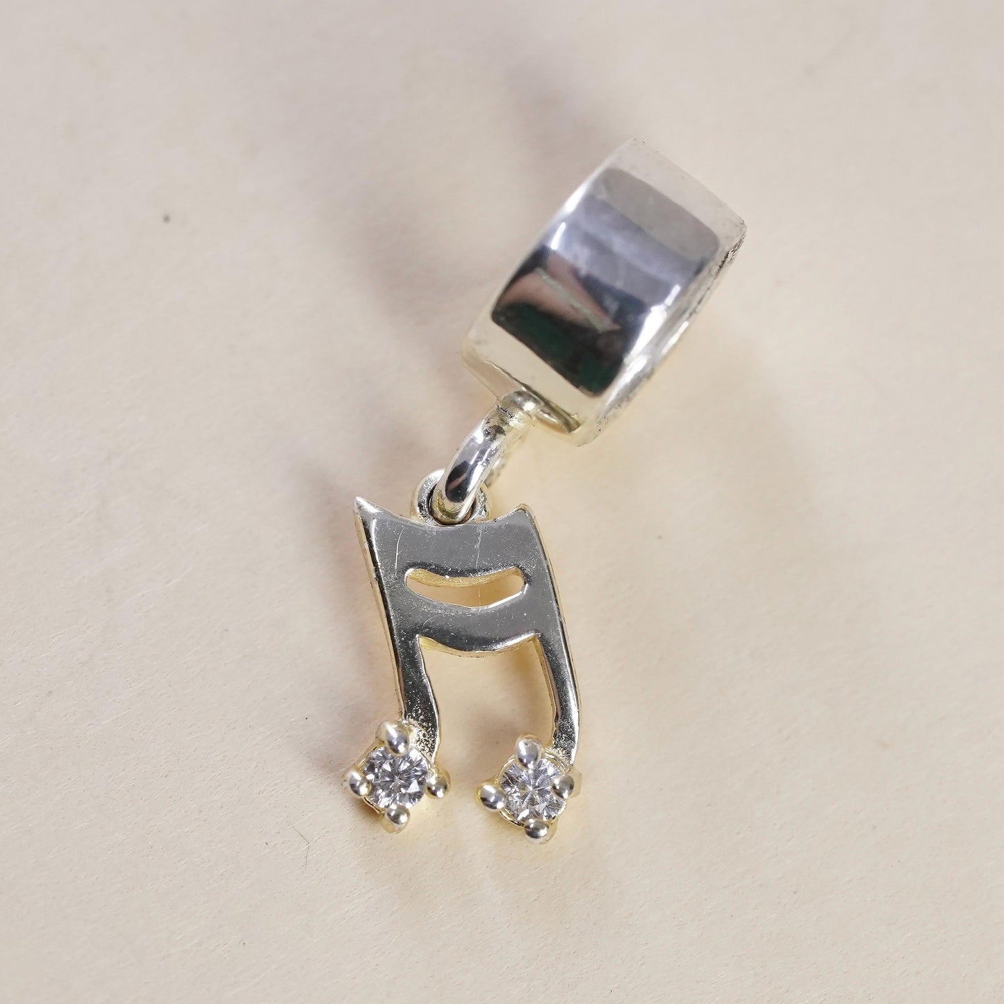 Vintage sterling silver handmade pendant, 925 music note with cz, melody charm, stamped 925
