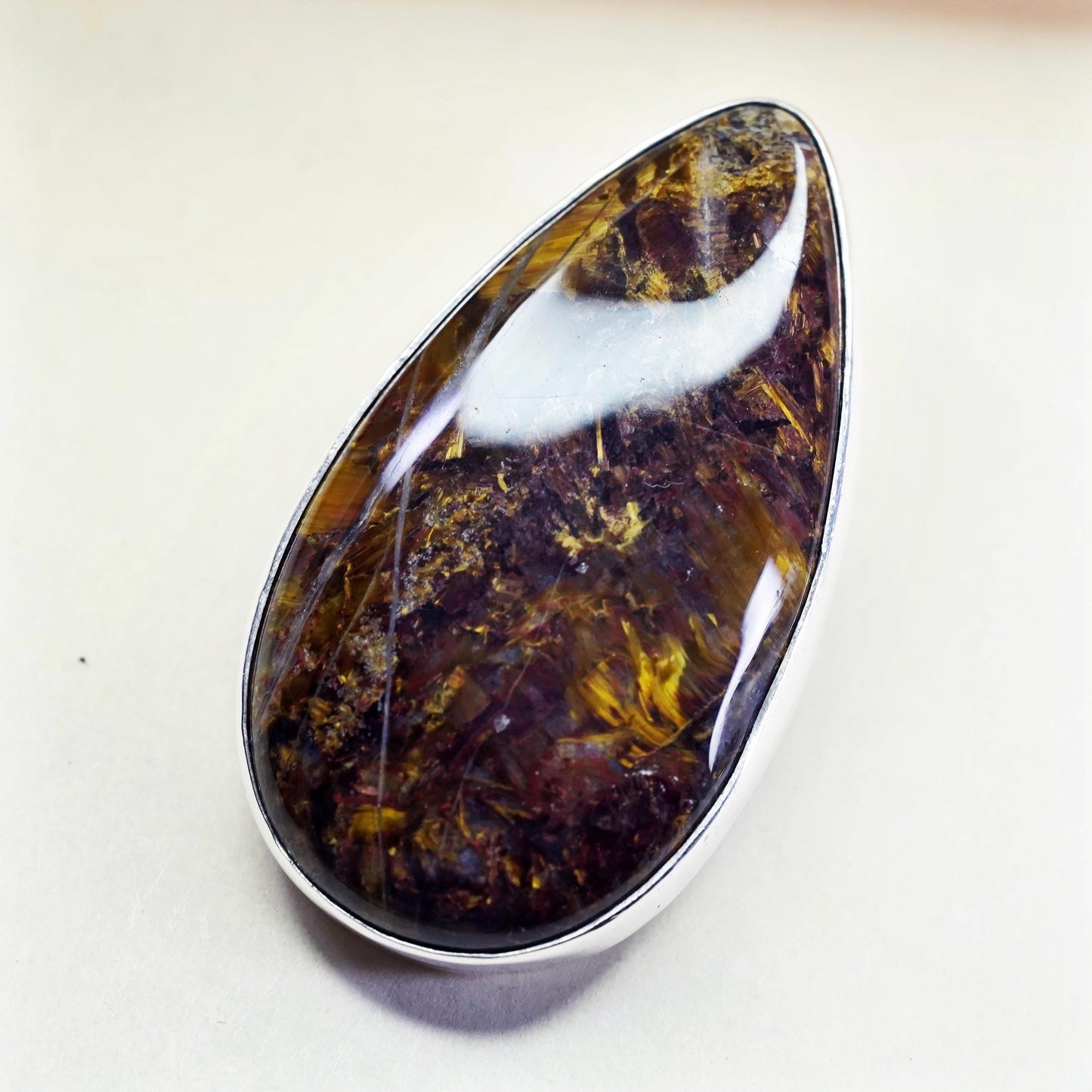 Vintage sterling silver teardrop with golden Pietersite, 925 handmade pendant