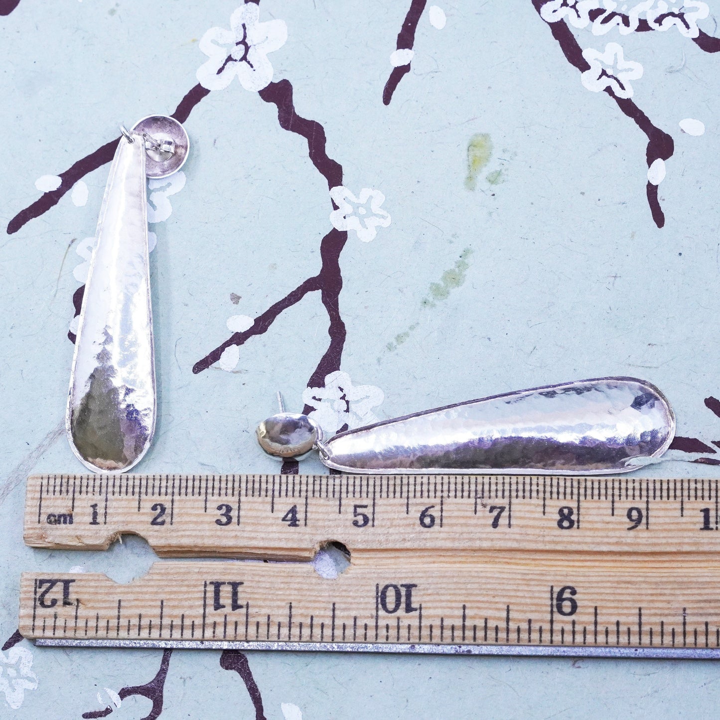 Vintage modern sterling silver handmade earrings, hammered 925 teardrop dangles