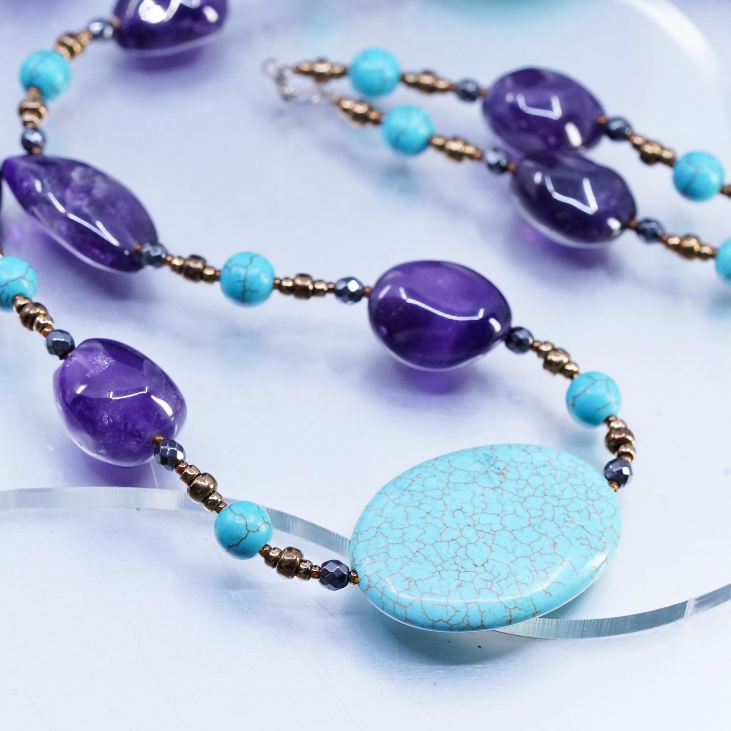 30", turquoise amethyst nugget beads necklace with sterling silver 925 brass