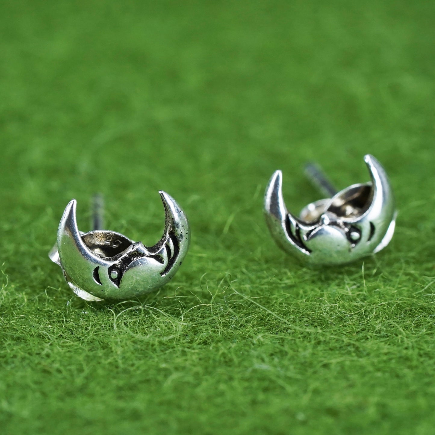 Vintage sterling 925 silver handmade moon face studs, earrings