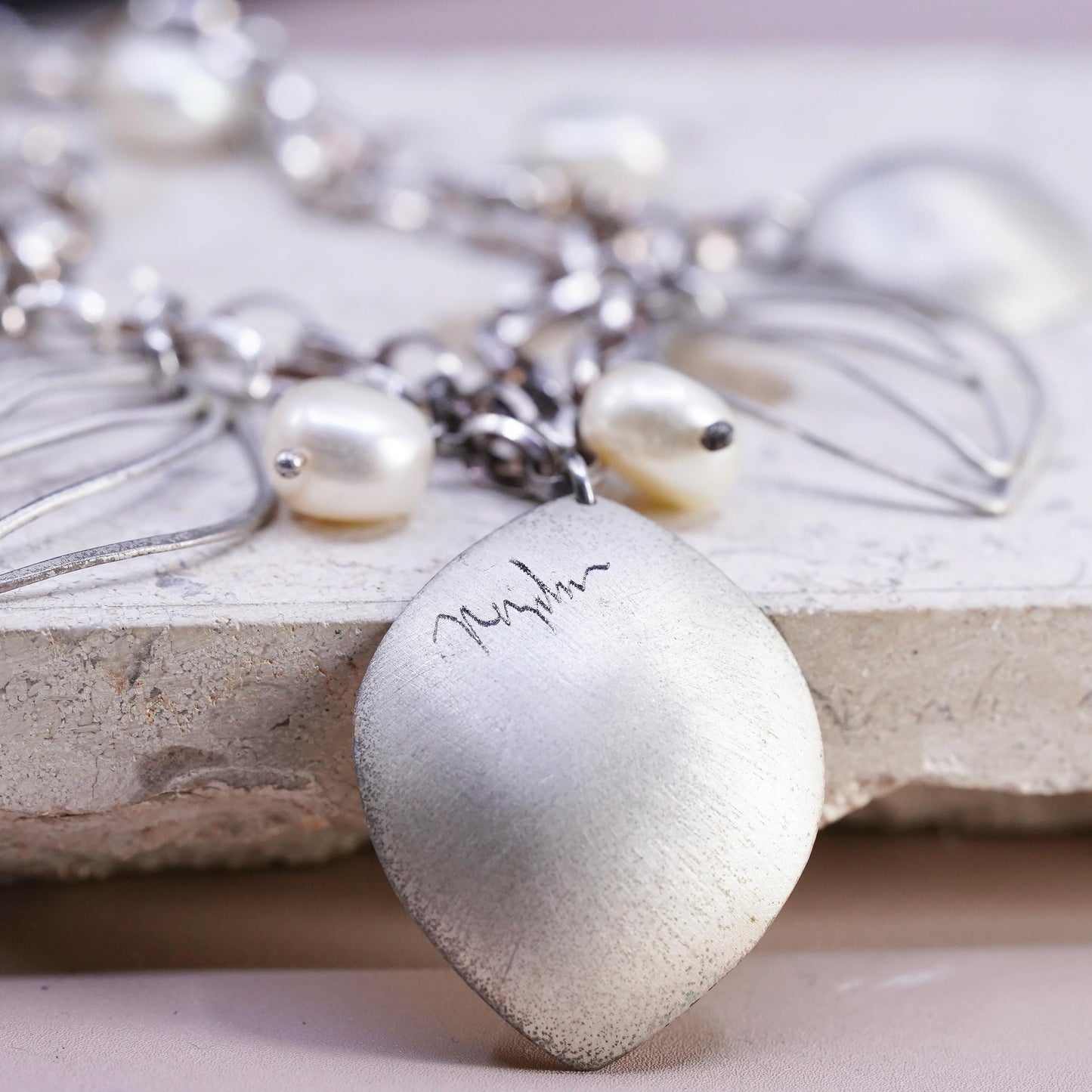Sterling silver necklace, double strands 925 oval chain leaves pendant pearl