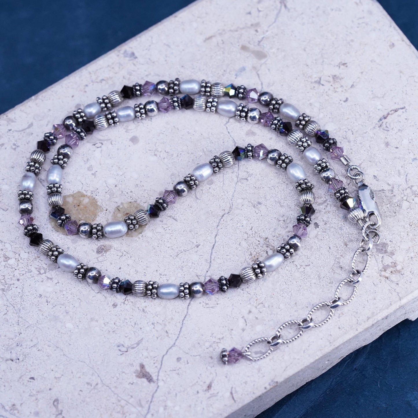 16+2", VTG Sterling 925 silver necklace with freshwater pearl and crystal beads