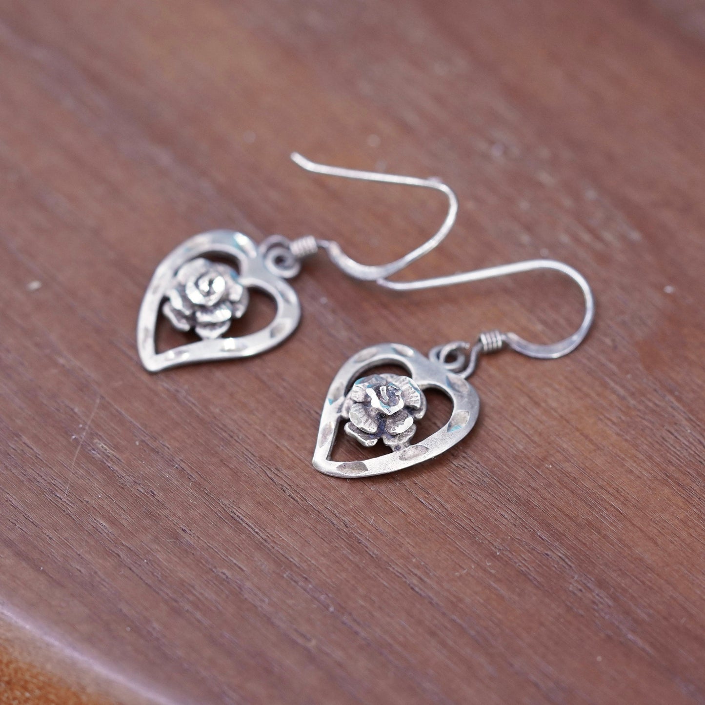 Vintage Sterling silver handmade earrings, 925 heart drops with rose flower