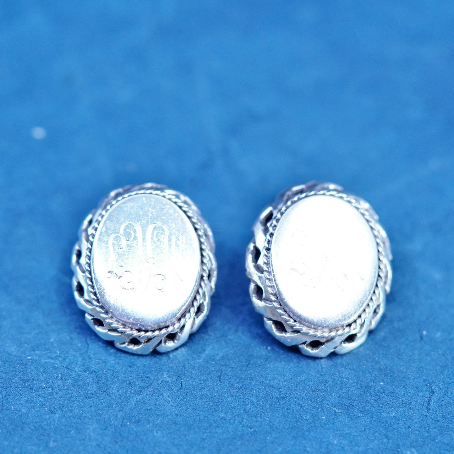 Mexican Parody 925 Large Clip On Sterling silver oval earrings monogram “MKF”