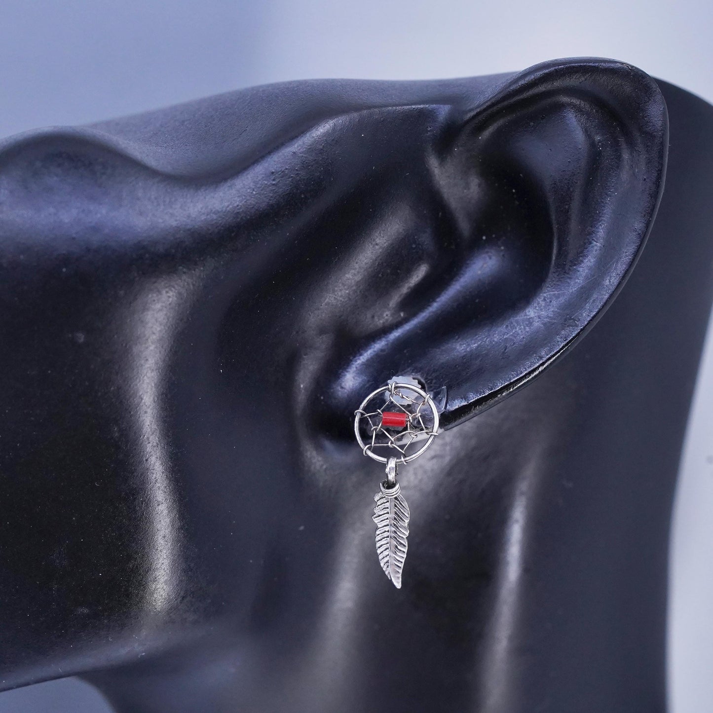 VTG Navajo Native American Sterling 925 silver earrings coral feather dangles
