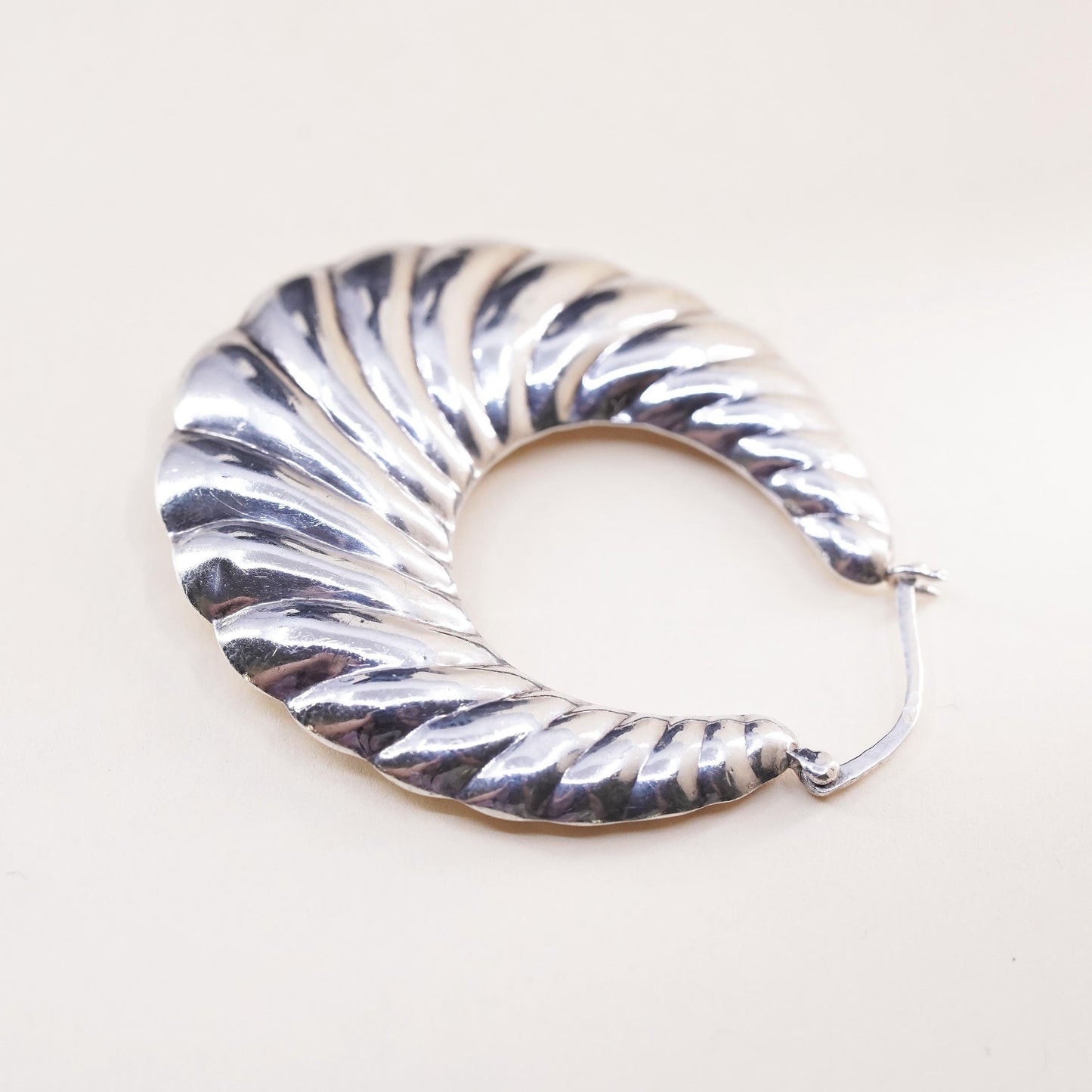1.75", Vintage sterling silver loop single earring, ribbed primitive hoop