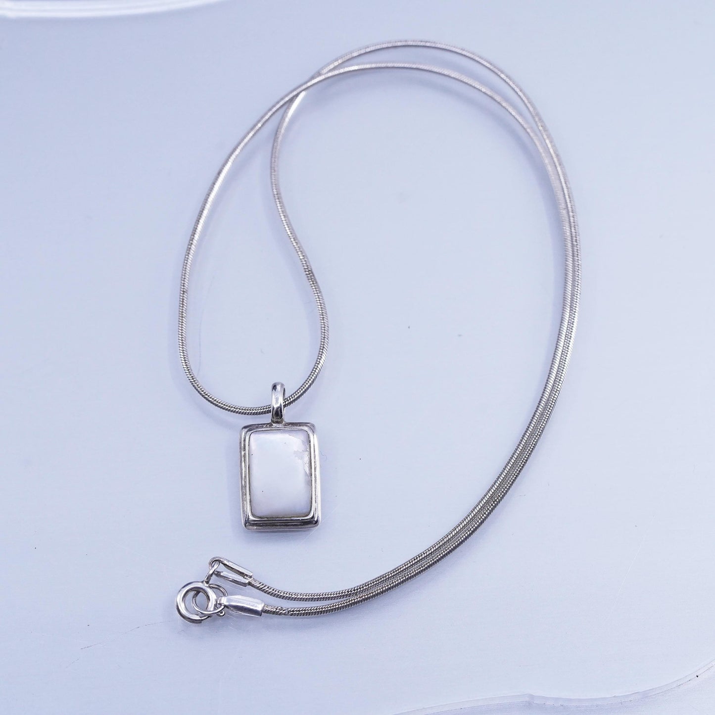16”, Sterling 925 silver snake chain necklace with pink mother of pearl pendant