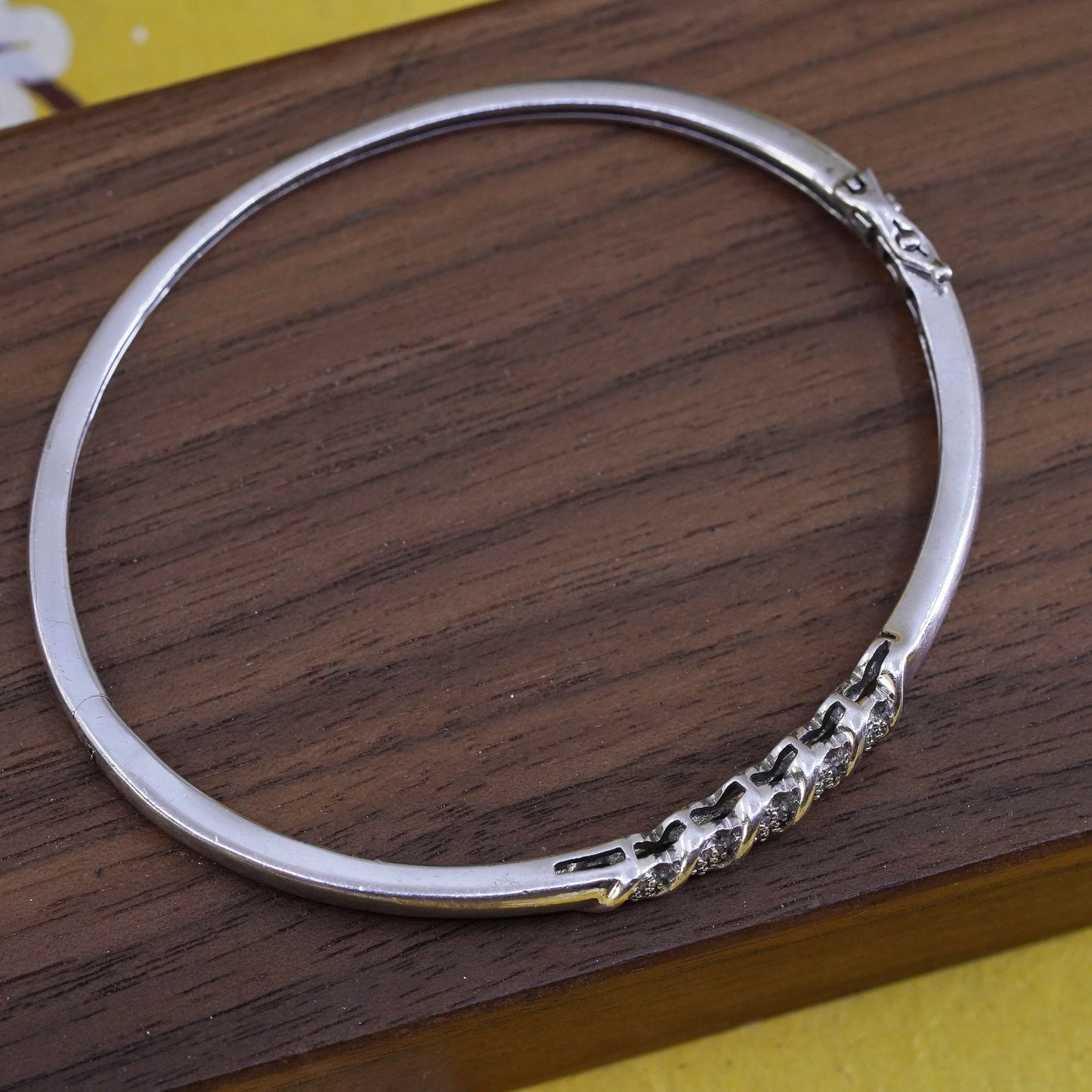 7”, Vintage Sterling silver bracelet, 925 hinged bangle with diamonds
