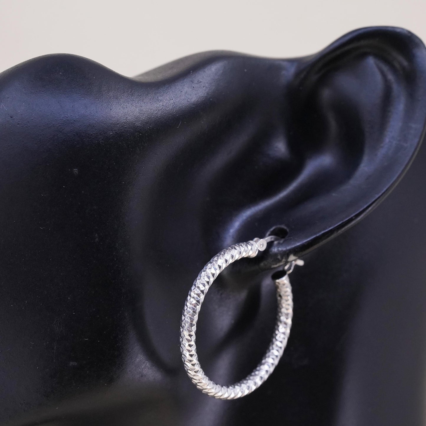 1", Vintage sterling silver loop single earring, textured primitive hoop