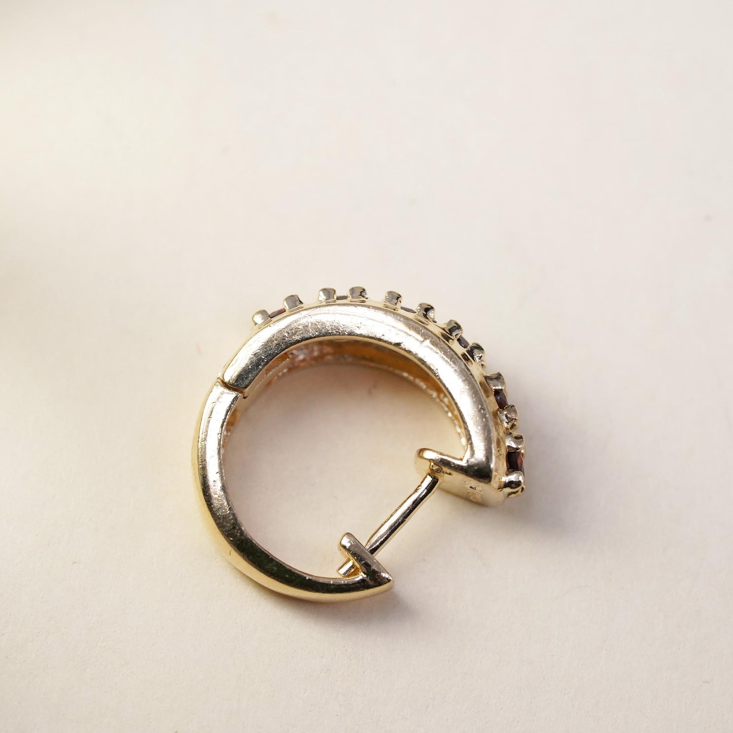 0.5”, Vintage vermeil gold sterling silver single earring, 925 huggie hoop ruby