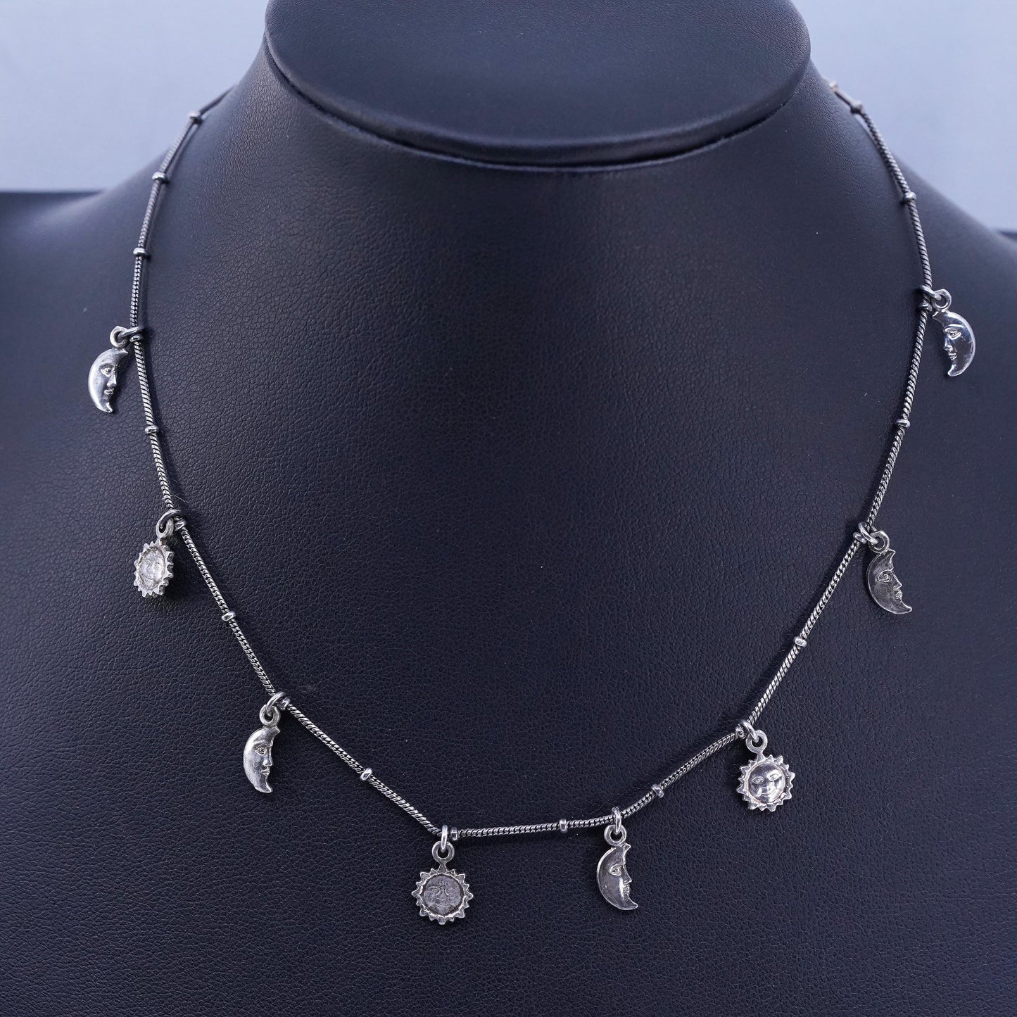 14”, Vintage Sterling 925 silver handmade choker necklace with sun moon charms