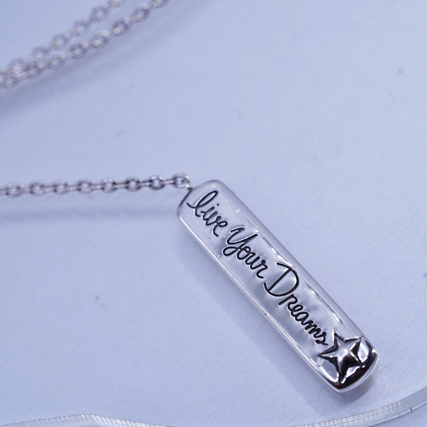 32", vintage Sterling 925 silver extra long necklace star tag live your dreams