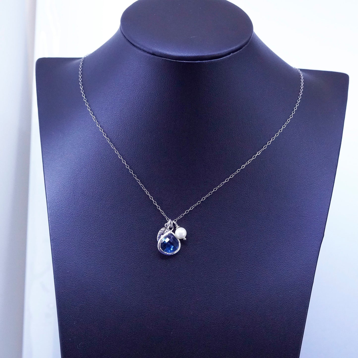 18”, sterling silver 925 handmade necklace, teardrop blue crystal pearl pendant