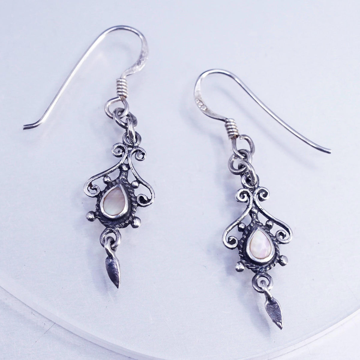 Vintage Sterling 925 Silver Filigree Teardrop Shaped Earrings Mother of Pearl
