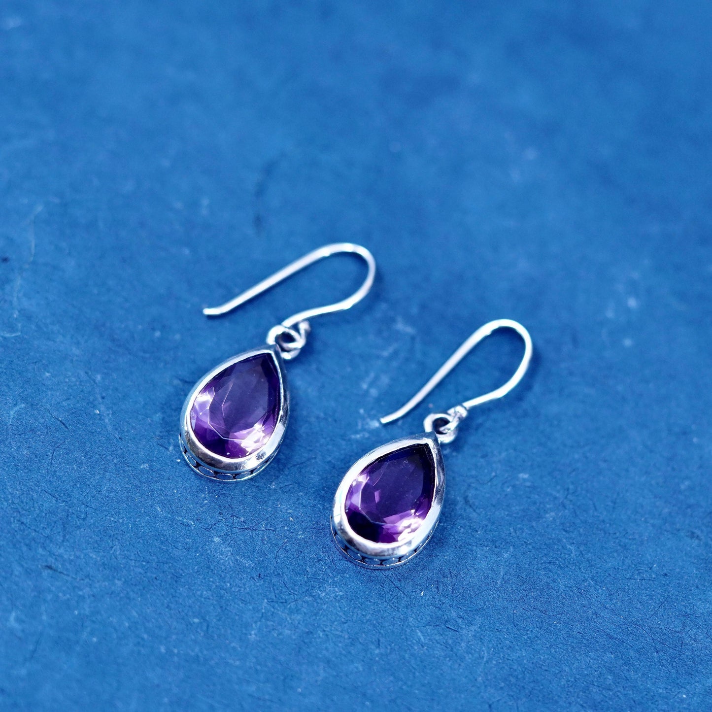 Vintage sterling 925 silver handmade teardrop earrings with amethyst