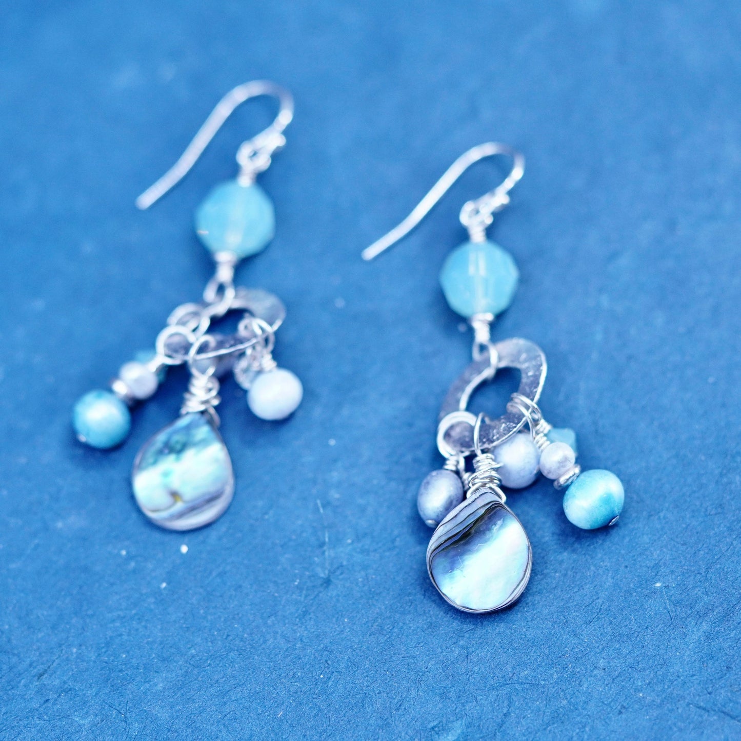 Rare 925 Sterling 925 Silver handmade pearl abalone bead dangly earrings