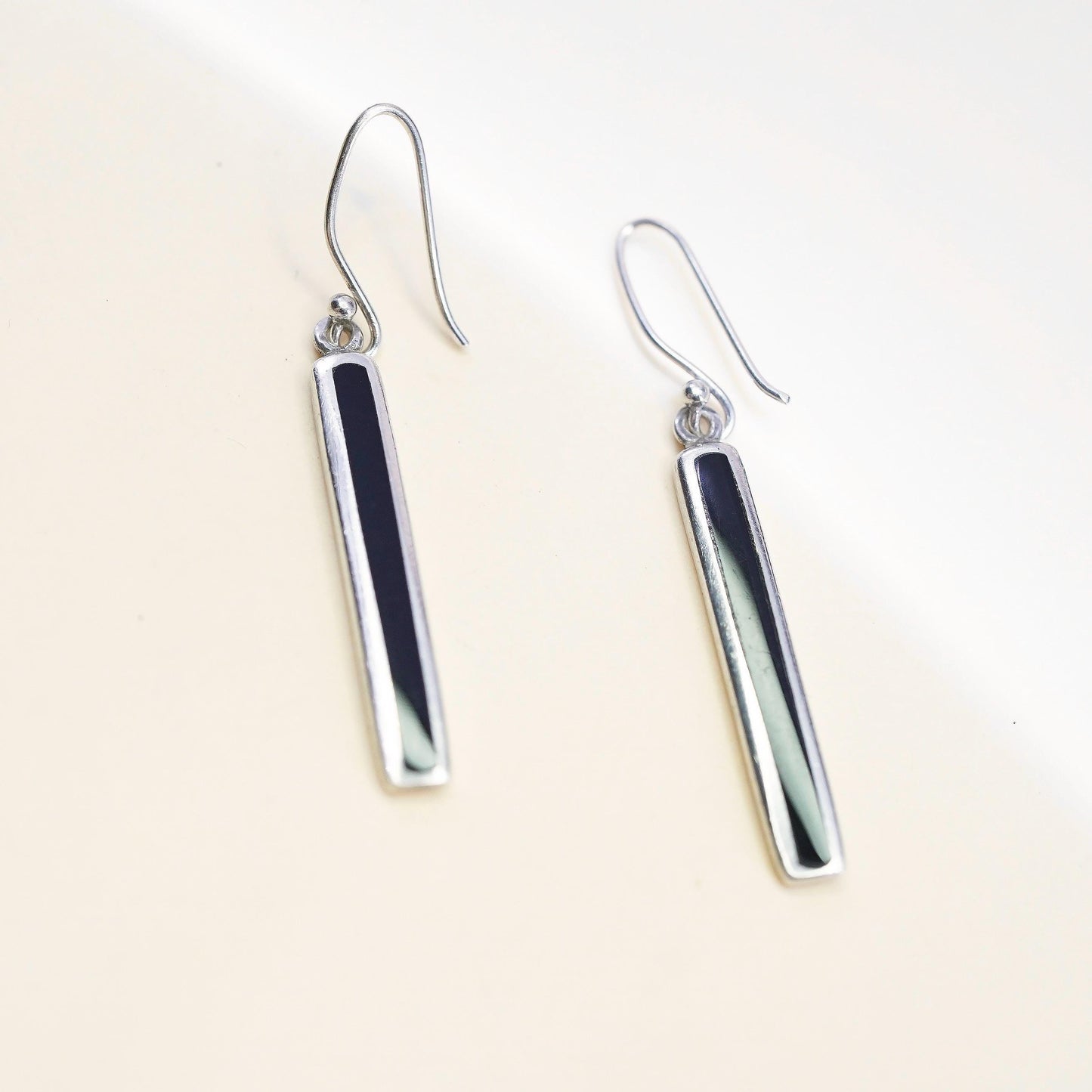 Vintage Sterling silver handmade earrings, 925 long dangles with enamel inlay