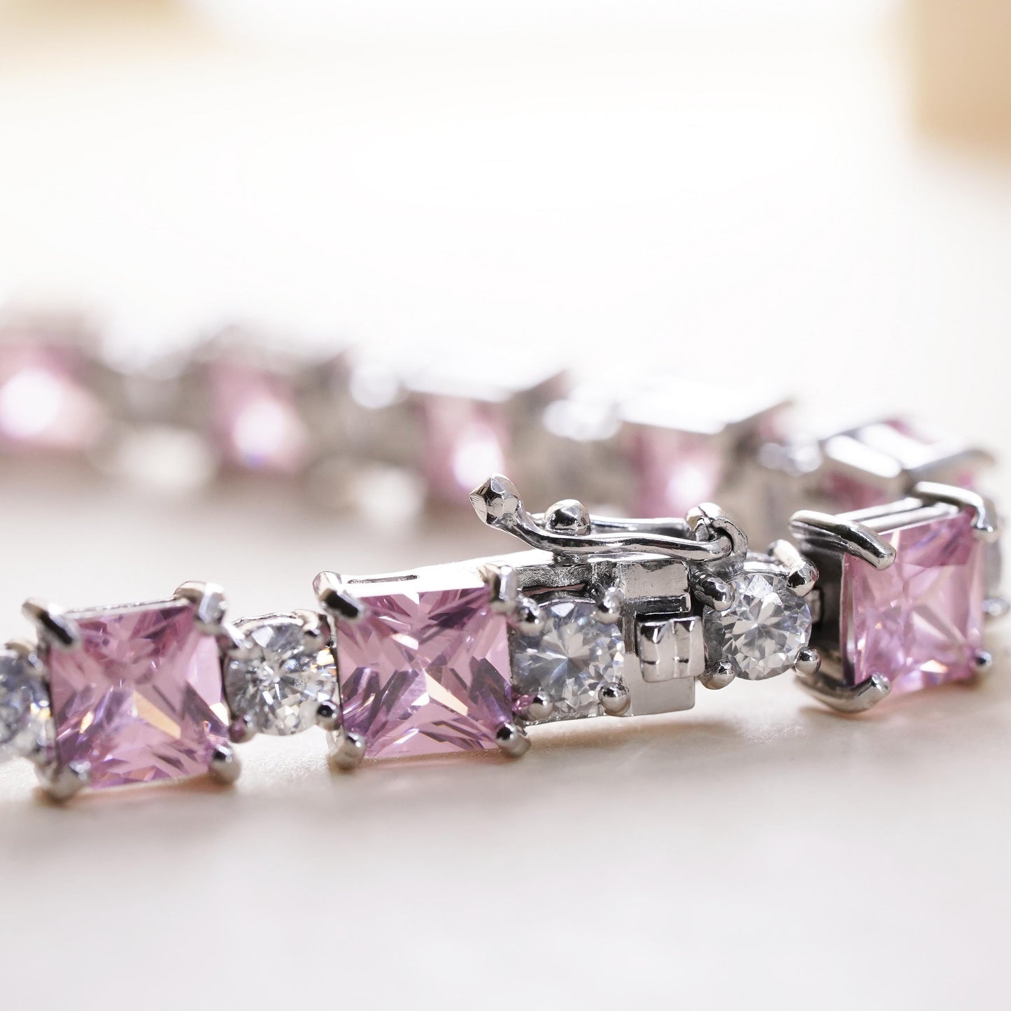 7", Vintage Sterling 925 silver tennis bracelet with square pink cz