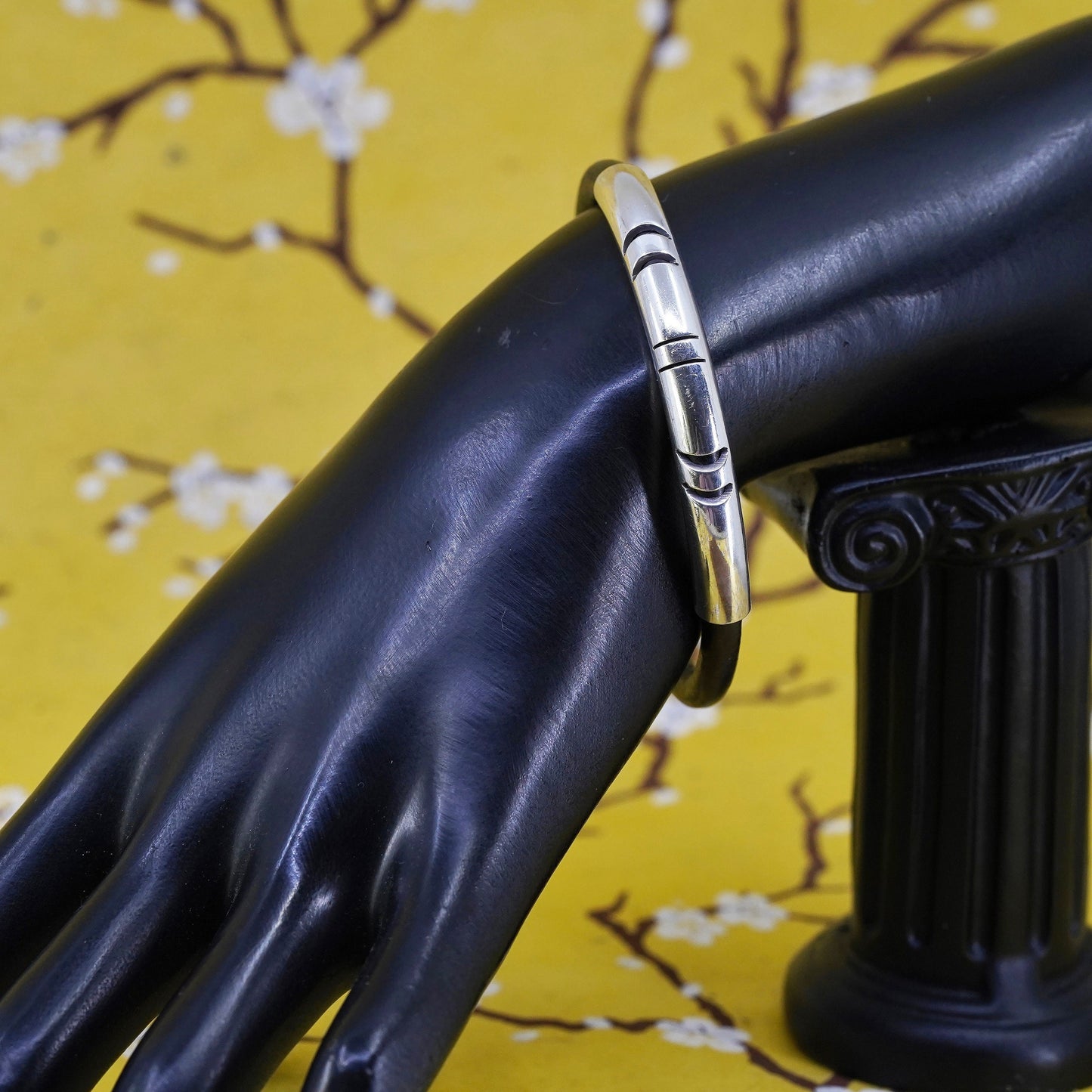 7.5", vintage Mexican black leather bangle with sterling 925 silver slide tube