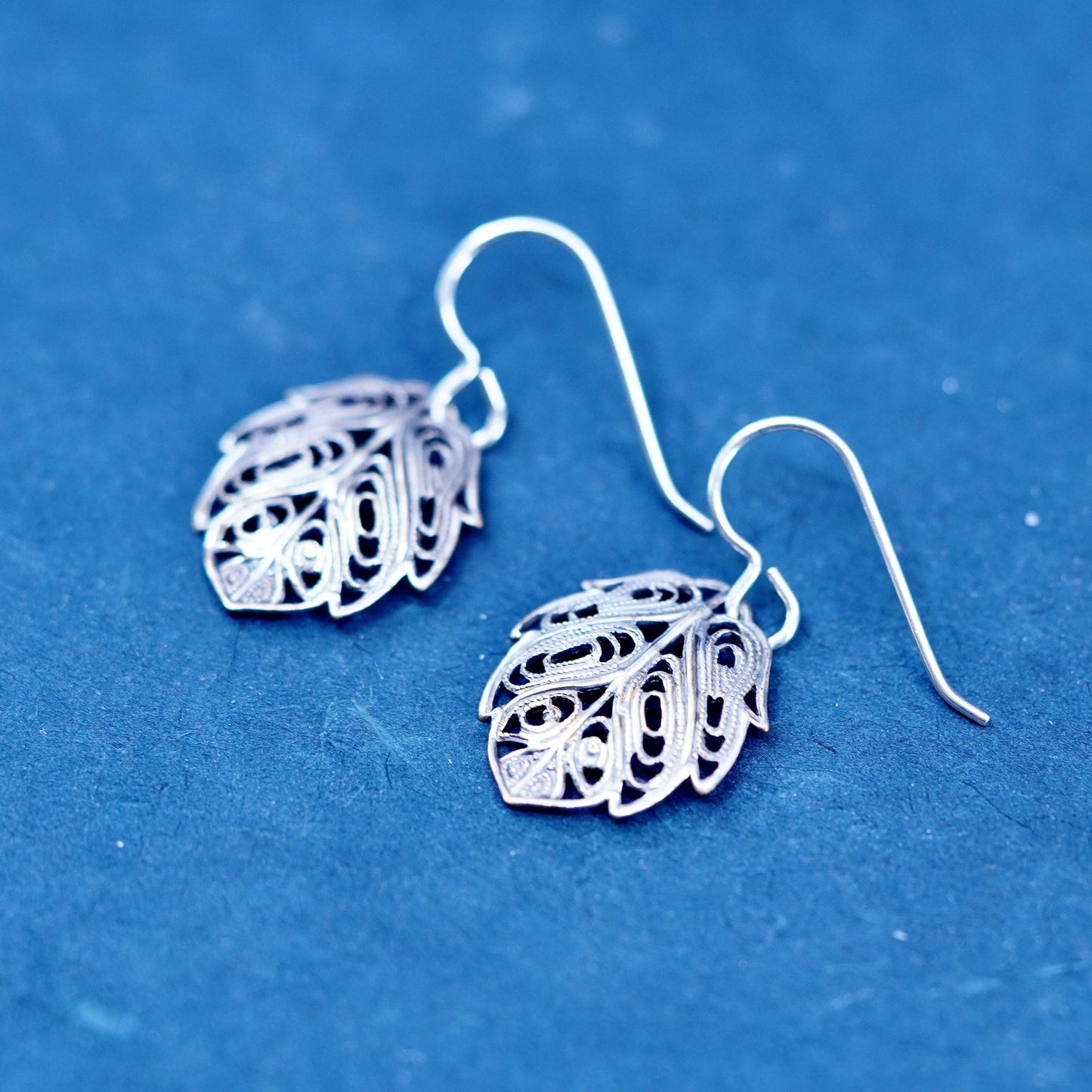 Vintage sterling silver handmade earrings, 925 filigree leaf drop