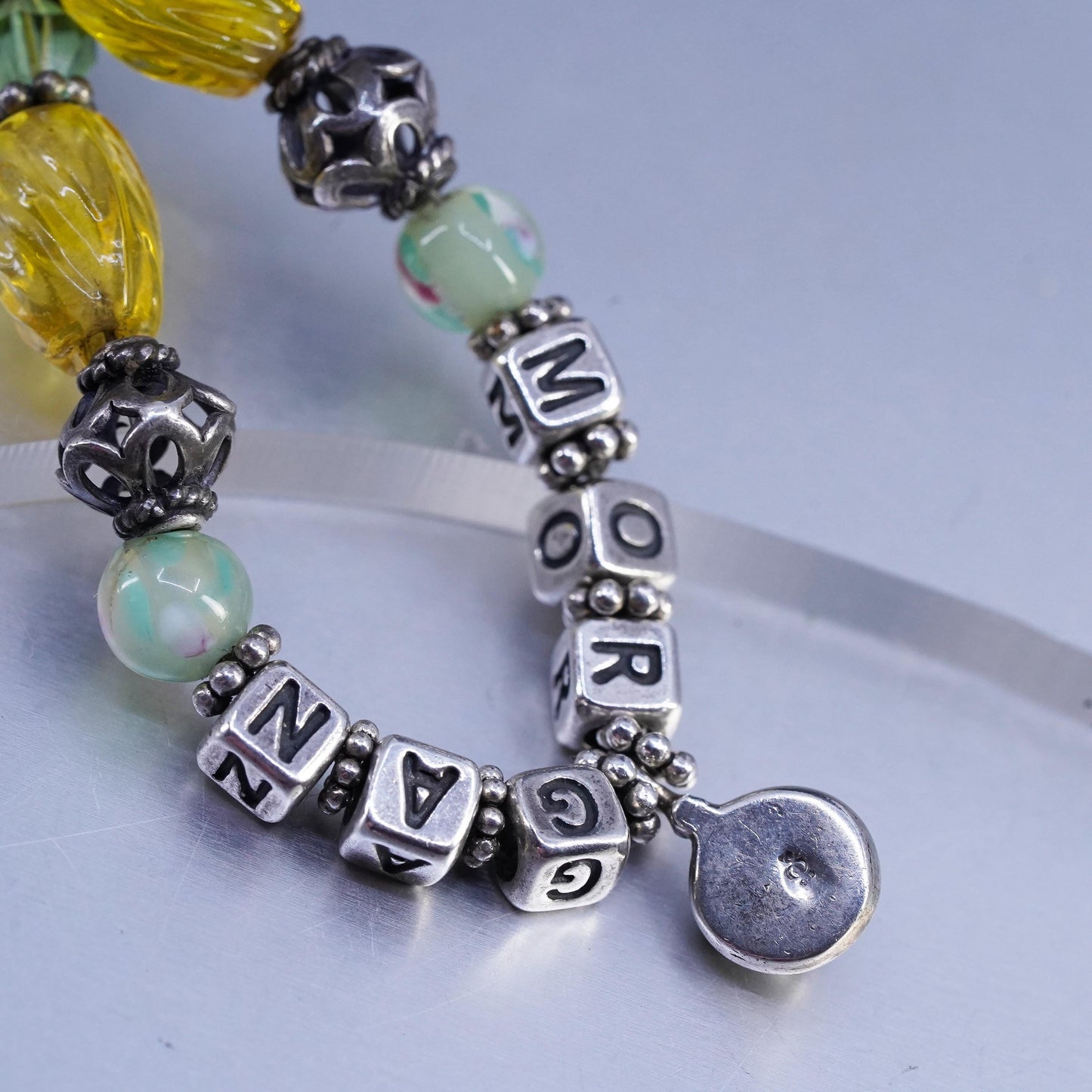 16+2", Sterling Silver 925 necklace green yellow artisan glass beads and Morgan