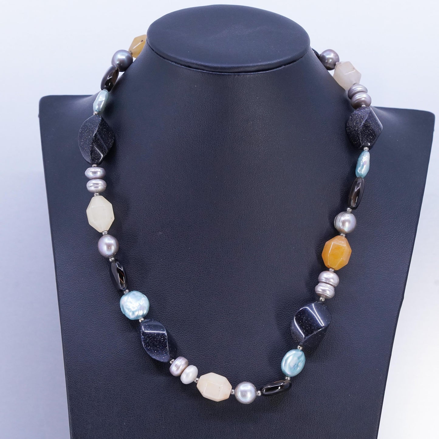 18", vintage Sterling 925 silver necklace with pearl citrine goldstone beads