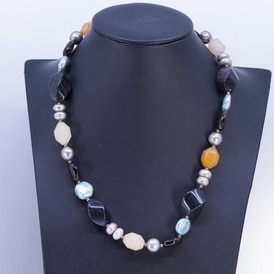 18", vintage Sterling 925 silver necklace with pearl citrine goldstone beads