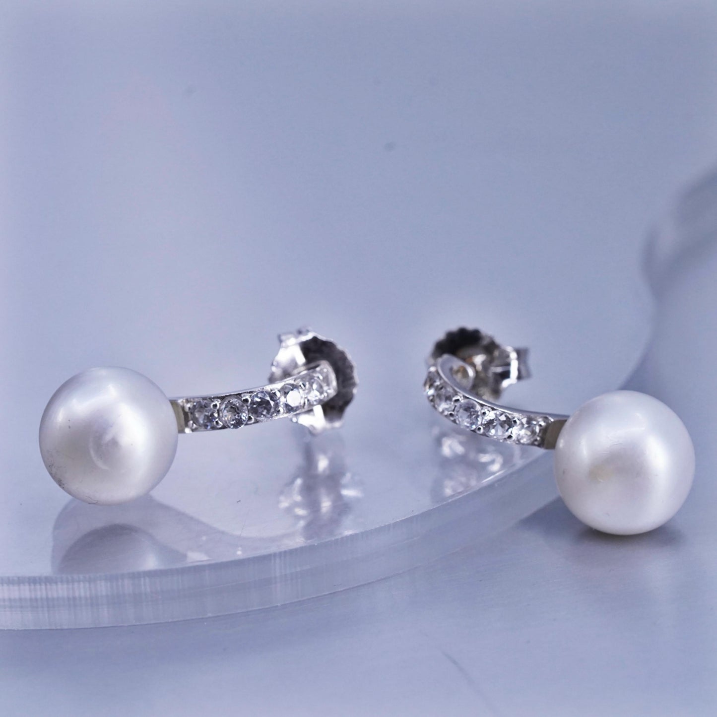 Vintage Sterling 925 silver handmade earrings, studs with 10mm pearl and cz