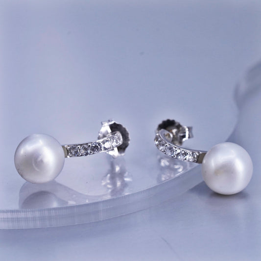 Vintage Sterling 925 silver handmade earrings, studs with 10mm pearl and cz