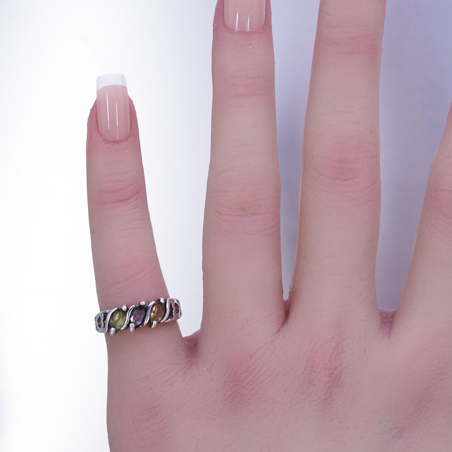Size 5, vintage Sterling 925 silver handmade ring with amethyst peridot citrine