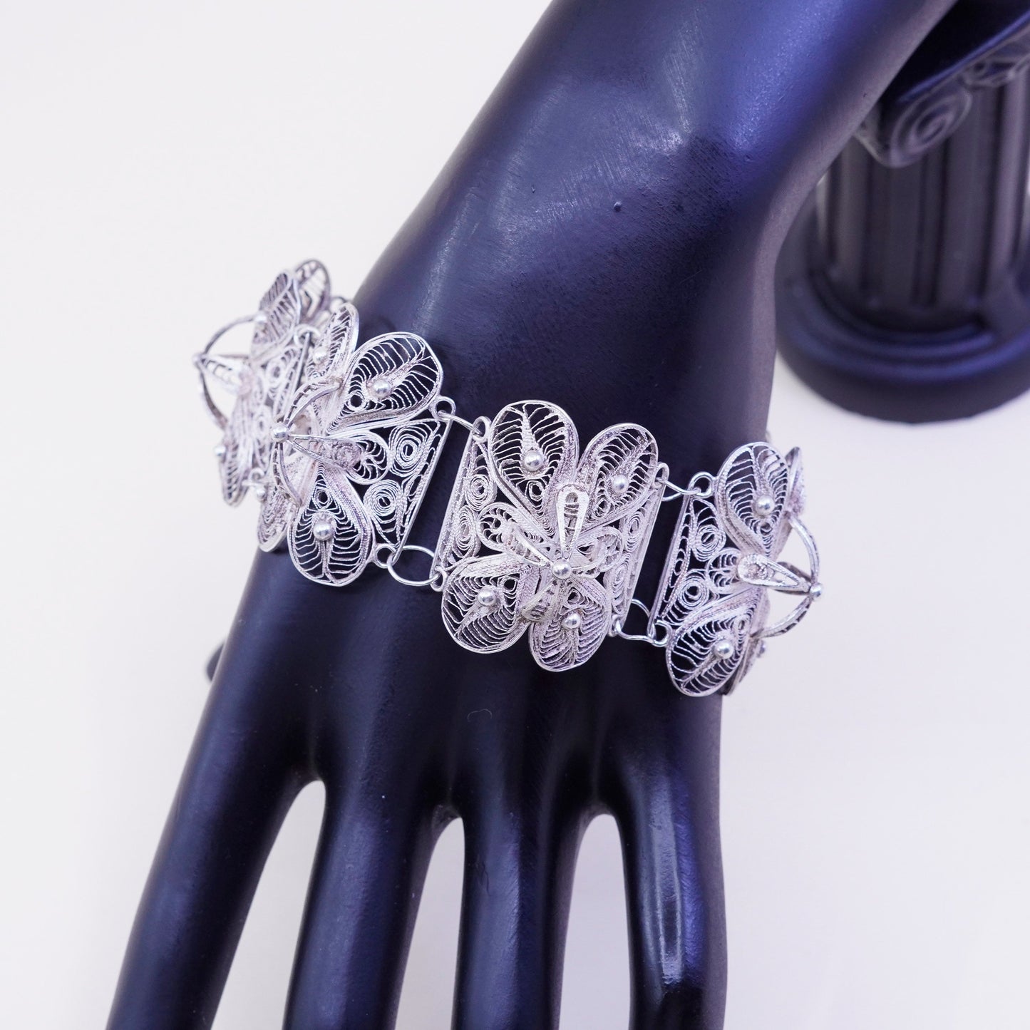 7.5”, vintage sterling silver handmade bracelet, 900 filigree square link chain