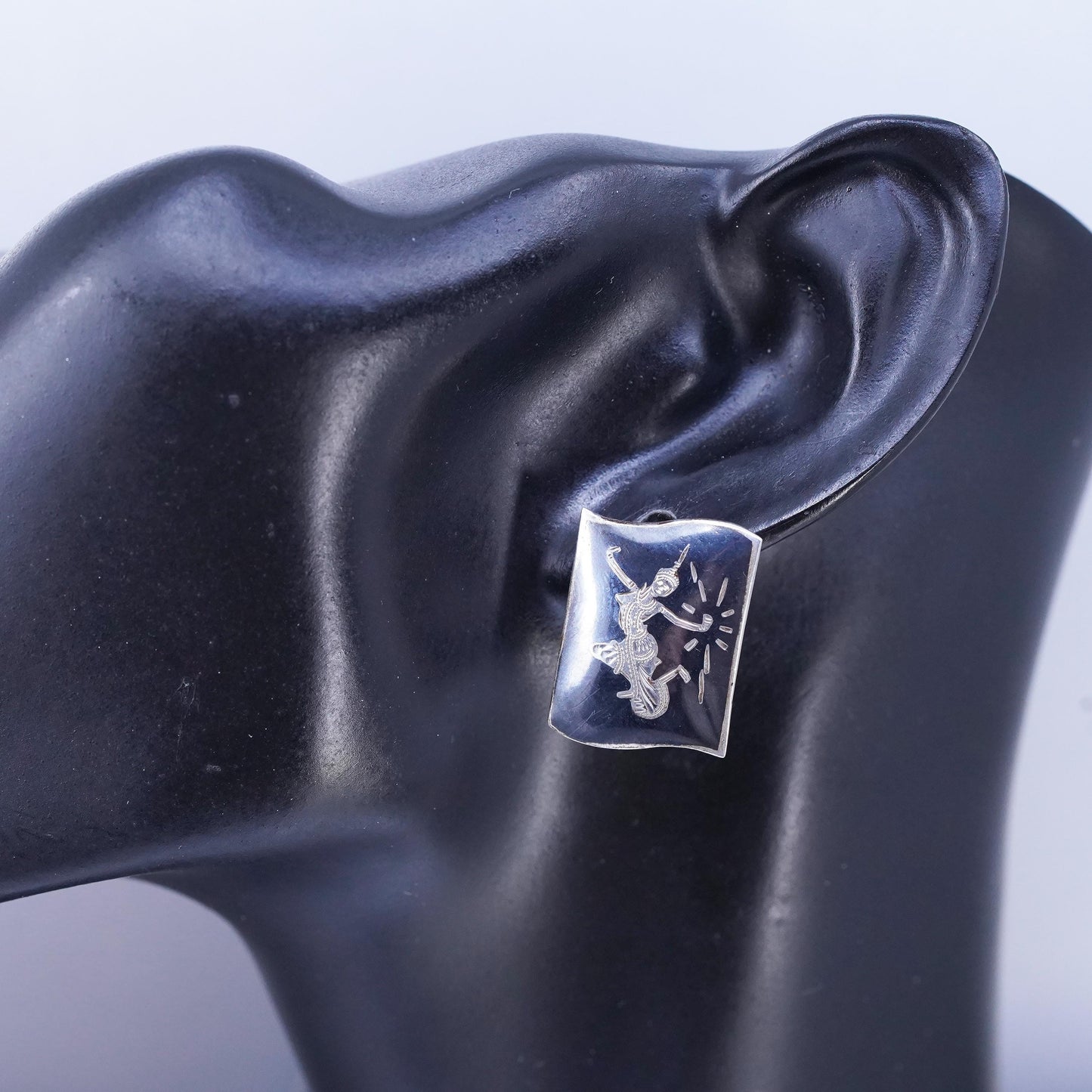 Vintage Siam sterling silver clip on earrings, 925 rectangular earrings, niello