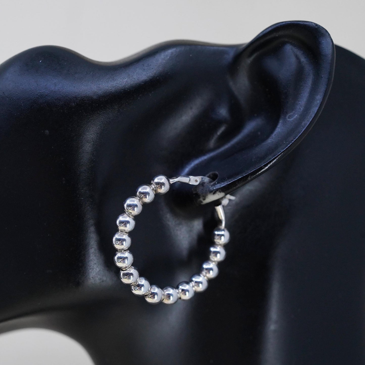 1.25”, Vintage sterling 925 silver loop handmade earrings, beaded hoops