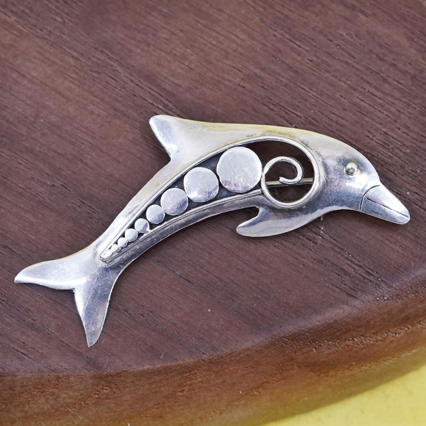 Vintage handmade two tone sterling 925 silver dolphin brooch with brass trim