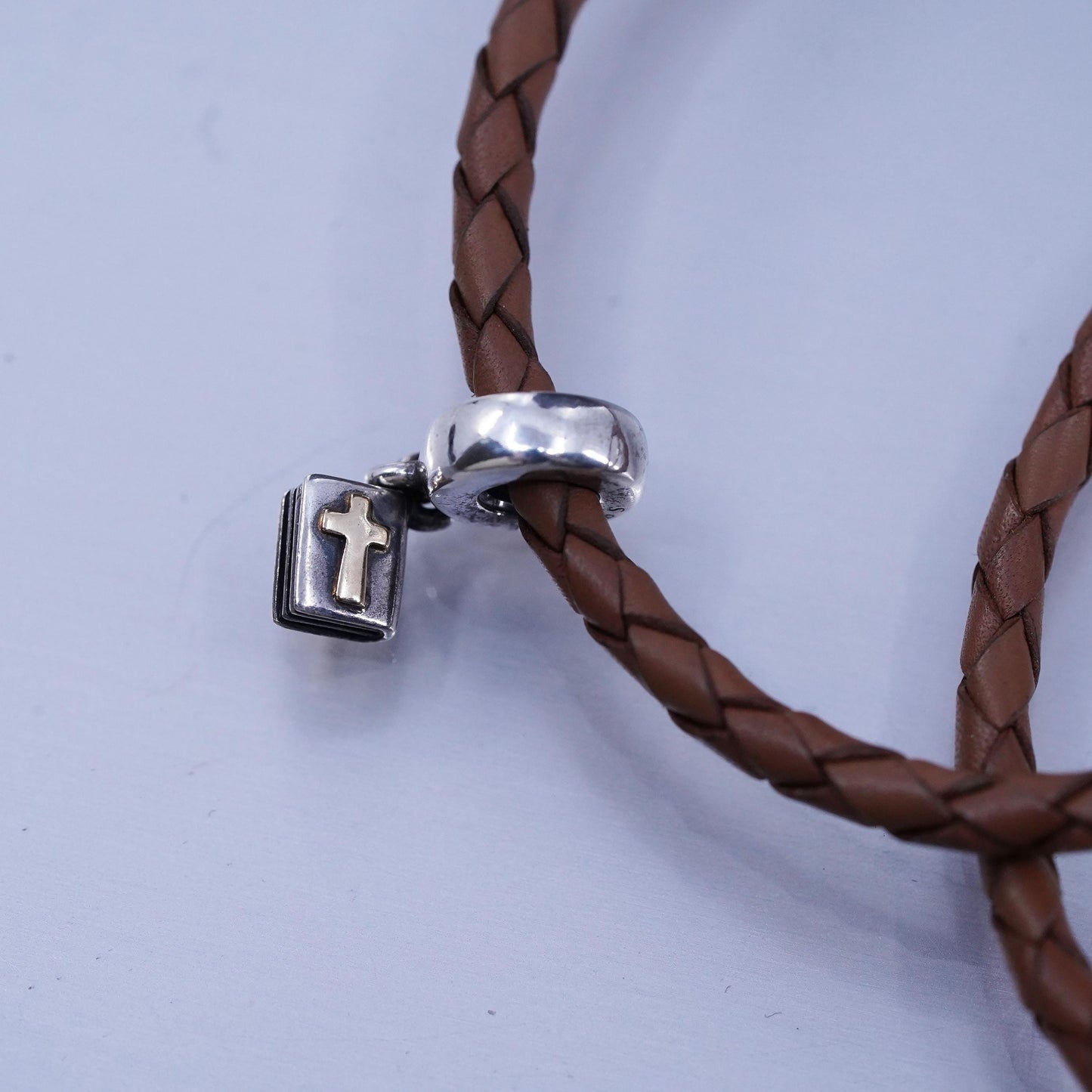 14”, Pandora 925 Sterling Silver brown braided Leather Necklace bible charm