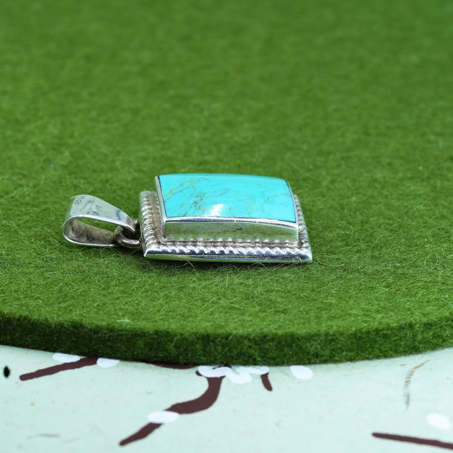 vintage mexico Sterling silver handmade pendant, 925 rectangular with turquoise